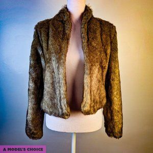 HOLLISTER BROWN FAUX FUR CROPPED OPEN JACKET - WOMENS MEDIUM